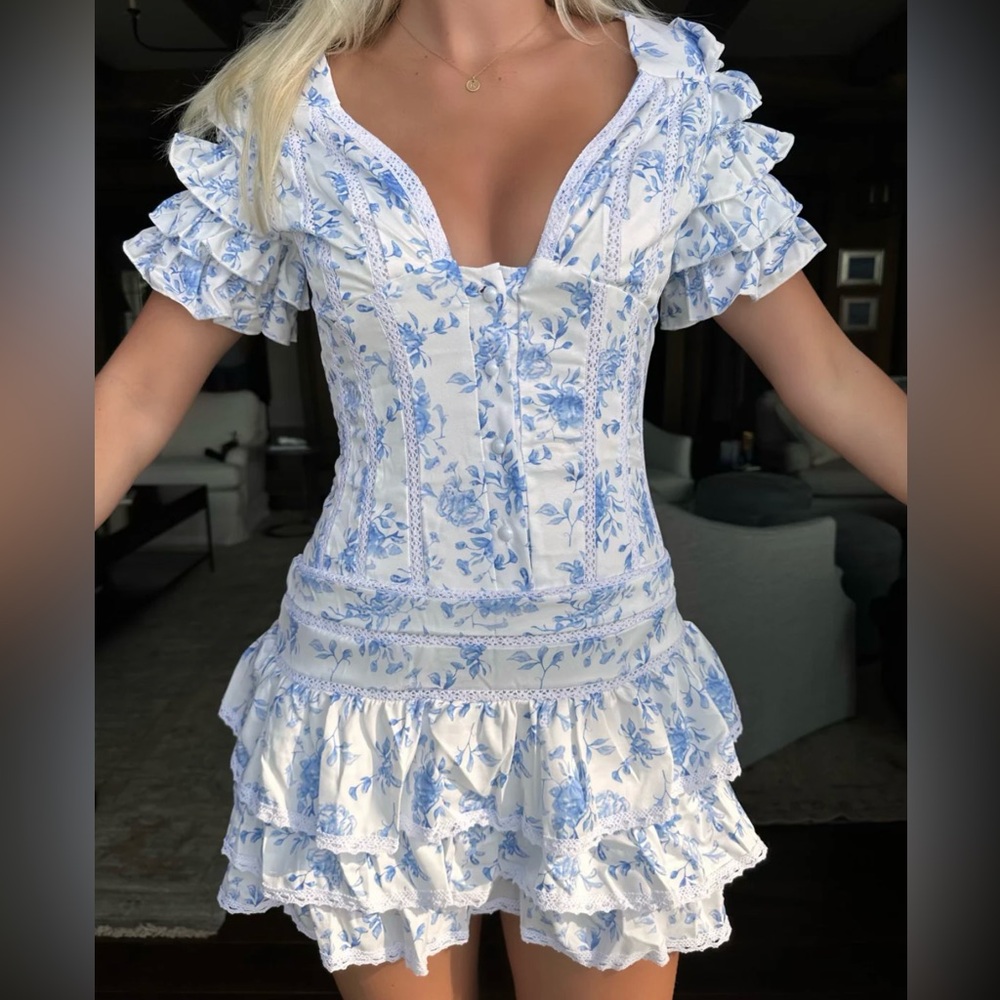 Blue and White ruffle dress Size small